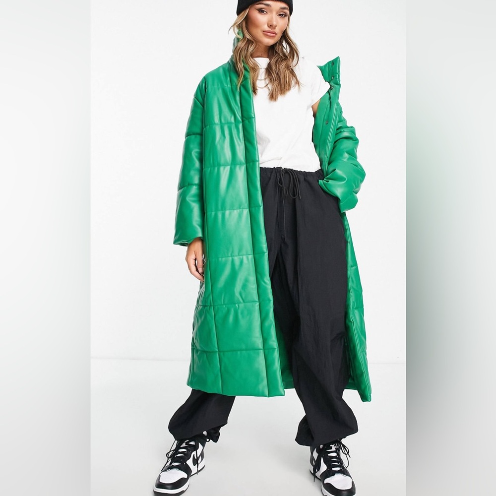 Green Faux Leather Quilted Women's Coat